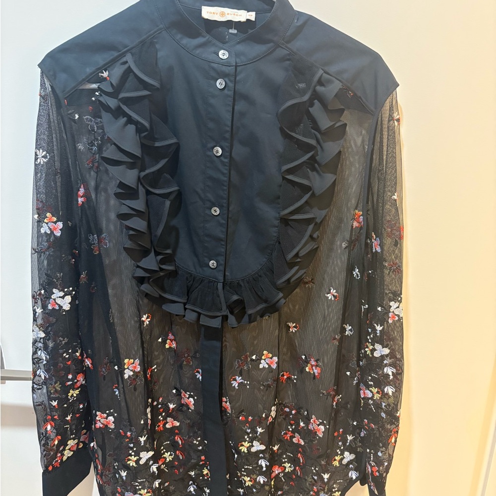 Tory Burch sheer embroidered floral ruffle tunic top small